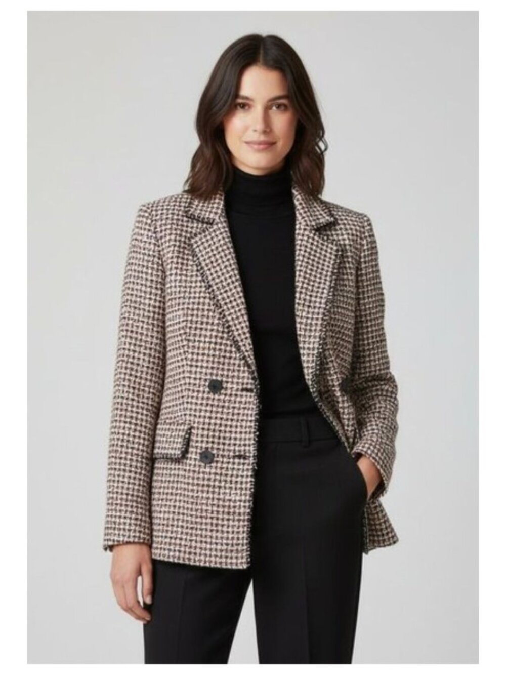 AUTRES FILLES Tan/Black/Orange Double Breast Tweed Plaid Blazer Women L NEW